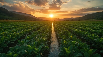 Canvas Print - A picturesque sunset over a field of crops with a long irrigation ditch running down the center.