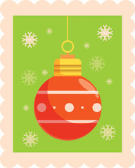 Poster - Festive christmas postcard featuring a red christmas bauble hanging on a green background with snowflakes