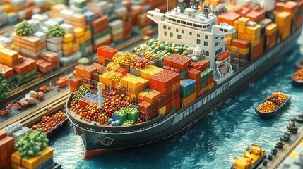 Sticker - A miniature cargo ship filled with colorful containers of produce, docked at a miniature port with other ships and cargo.