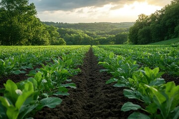 Canvas Print - A row of young plants growing in a field with a beautiful sunset in the background.