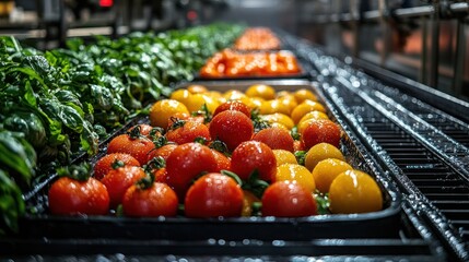 Canvas Print - Close-up of fresh red and yellow tomatoes and green leafy vegetables on a conveyor belt in a processing plant.