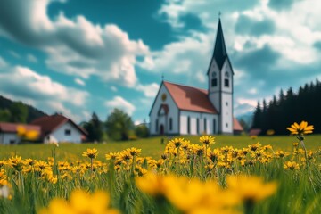 Flowering of yellow flowers at the alpine church in Schmitten, Canton of Graubunden