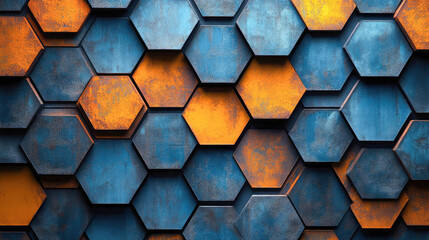 Poster - A modern, abstract background featuring a pattern of 3D hexagons in blue and orange. A blend of industrial and artistic design