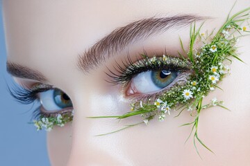 Wall Mural - The 'garden eyebrow' look with flowers and a decorative spring makeup