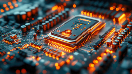 Poster - High-tech motherboard close-up, illuminated by glowing lights, showcasing intricate electronic components