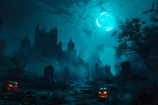 Halloween spooky background with copy space. Silhouette of the which castle, pumpkins, bats, graveyard, trees. High quality photo