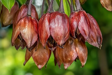 The red seeds of dried achiote flowers are set against a bright background.