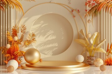 Poster - Elegant golden display with tropical elements in a serene interior setting showcasing spherical shapes and natural textures. Generative AI