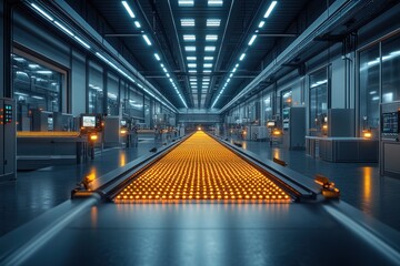 Poster - An empty, futuristic factory with a glowing orange conveyor belt running down the center of the room.