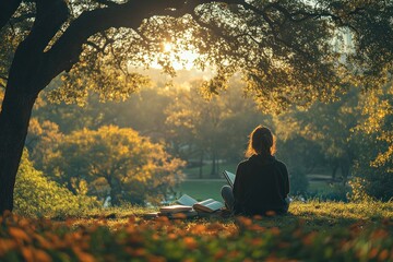 Canvas Print - A woman sits on a grassy hill under a large tree, reading a book while the sun sets behind her.