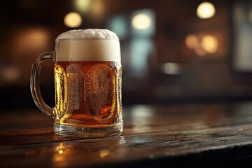 Poster - A frothy mug of beer overflowing on a rustic wooden table in a cozy pub setting at dusk. Generative AI