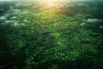 Poster - Aerial view of a green field with a grid of lights and a sunburst in the background.