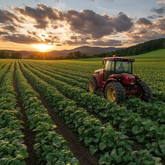 Sticker - A red tractor drives through a field of crops at sunset.