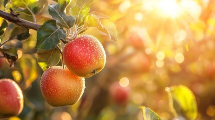 Wall Mural - apples on tree branch with sunlight and water droplets