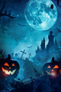 Halloween spooky background with copy space. Silhouette of the which castle, pumpkins, bats, graveyard, trees. High quality photo