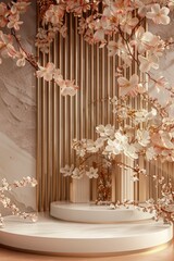 Poster - Elegant floral arrangement with soft blossoms and gold accents in a serene, minimalist interior setting. Generative AI