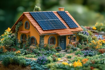 Poster - A miniature house with solar panels on the roof, surrounded by lush green plants and flowers.