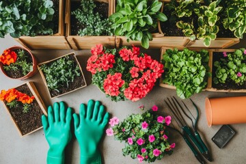 Gardening tools and flowers in pots on gray floor.