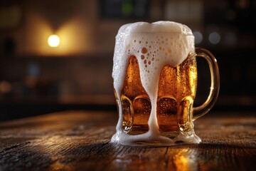 Poster - A close-up of a frothy beer mug with foam spilling over on a rustic wooden table in a cozy setting. Generative AI