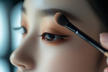 makeup artist using makeup brush for eyes and applying brown eyeshadow. make-up for young asian girl. Close-up with generative ai