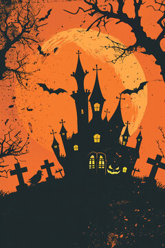 Halloween spooky background, orange night with silhouettes of a castle, pumpkins, a graveyard, and a huge moon. High quality photo