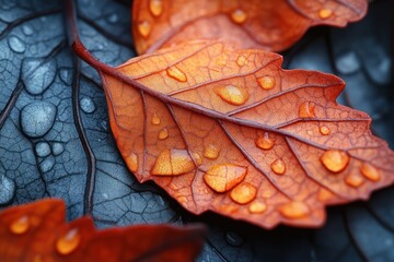 Poster - Close-up of a wet, orange leaf with water droplets on it, lying on a dark green leaf with water droplets.