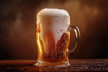 Poster - Close-up of a frothy beer mug overflowing on a rustic wooden table during a cozy gathering. Generative AI