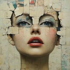 Poster - A woman's face is partially obscured by a cracked and peeling wall, with fragments of the wall revealing glimpses of her features. The wall is painted in a variety of colors and patterns.