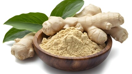 Turmeric powder and rhizome in a wooden bowl and spoon isolated on white background
