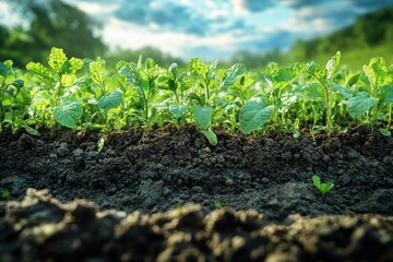 Canvas Print - Close-up of young green plants growing in rich soil with a blurred background of trees and sky.