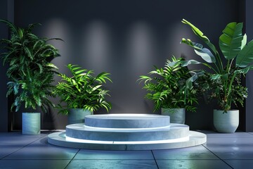 Poster - Minimalist display area adorned with lush greenery in an artistic indoor setting, perfect for showcasing creativity and design. Generative AI