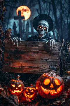 Halloween party border, background. skeleton holds wooden board with copy space. night time, big moon and schary graveyard and castle in back. High quality photo