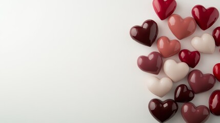 Poster - A collection of 3D hearts in multiple colors and sizes appears to float against a simple white background, creating a visually appealing layered effect with room for text or graphics