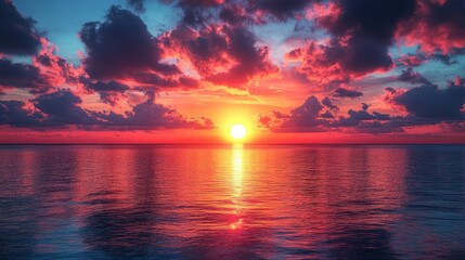 Wall Mural - A vibrant sunset paints the sky with fiery hues as the sun descends below the horizon, casting a warm glow on the calm ocean waters.