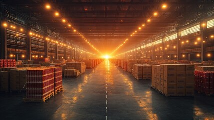 Poster - A vast warehouse with rows of stacked boxes and a bright light shining at the end of the aisle.