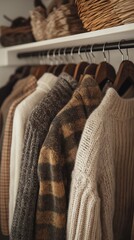 An aesthetic photo of on hangers in the closet, a brown and rust plaid shirt with a white sweater, a dark academia aesthetic, a cottagecore aesthetic