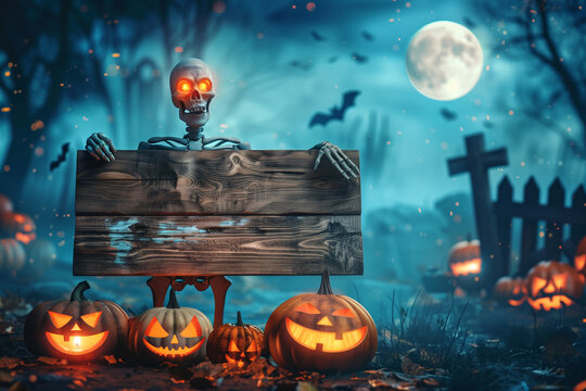 Halloween party border, background. skeleton holds wooden board with copy space. night time, big moon and schary graveyard and castle in back. High quality photo