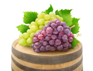 Fototapete - Bunches of white and red grapes on top of a wooden wine barrel cut out