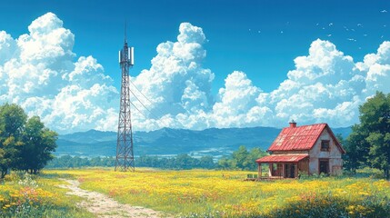 Wall Mural - A small house with a red roof stands in a field of yellow wildflowers, with a tall cell phone tower in the background.