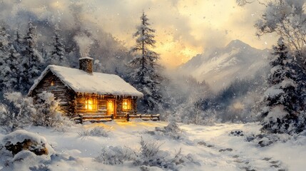 Poster - A cozy cabin nestled in a snowy mountain valley, bathed in the warm glow of the setting sun.