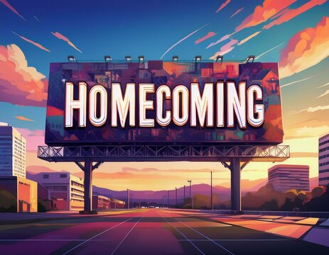 The word 'Homecoming' is written in billboard