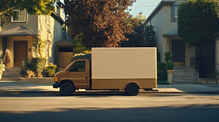 Delivery Truck in Warm Autumn Neighborhood