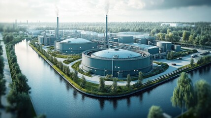 Poster - An aerial view of a modern industrial complex with large storage tanks, smokestacks, and a canal.