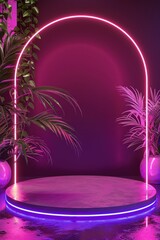 Poster - A vibrant and artistic display of neon lights and lush greenery creating an enchanting atmosphere for a creative showcase. Generative AI