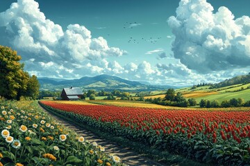 Sticker - A winding dirt road leads through a field of red flowers, past a farmhouse, and towards distant mountains under a bright blue sky with fluffy clouds.