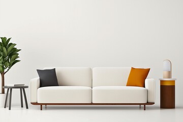 Stylish minimalist living room featuring a white sofa with two cushions, a small side table with a plant, and a modern lamp against a plain wall background.