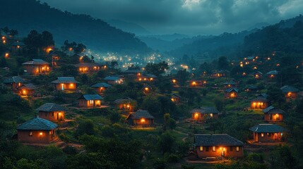 Poster - A quaint village nestled in a mountain valley, illuminated by the warm glow of lights at dusk. The scene is both serene and inviting, with the rolling hills adding to the picturesque setting.