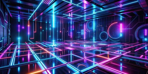 Poster - Futuristic neon abstract background with glowing lines and shapes in blue and purple tones