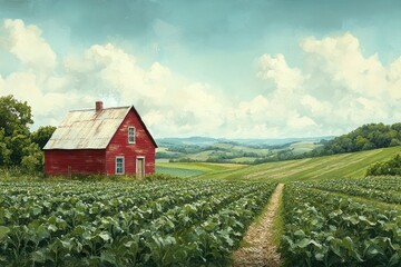 Sticker - A red farmhouse sits atop a hill overlooking a vast field of crops, with rolling hills in the background and a cloudy sky overhead.