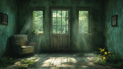 Canvas Print - A derelict room with sunlight streaming through the windows, illuminating the overgrown floor and a worn armchair.